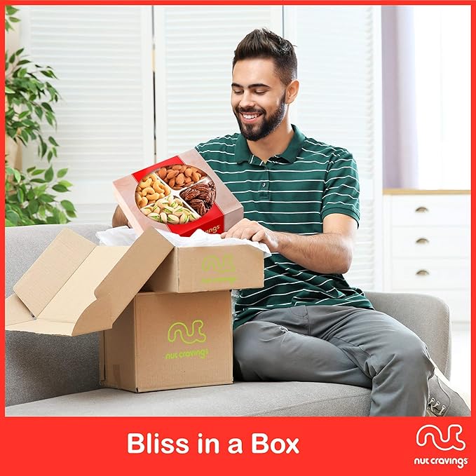 NUT CRAVINGS - Mixed Nuts Gift Basket in Red Gold Box (4 Assortments) Food Arrangement, Healthy Snack Care Package, Kosher