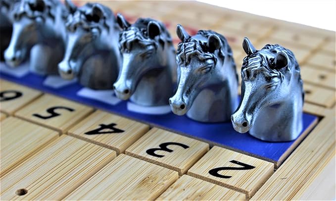 Metal Horse Race Board Game Set with Horse Racing Thick & Solid Wood Game Board, 11 Luxurious & Durable Classic Silver Colored Metal Craft Horses, Dice and Cards for Horseracing (HR-551)