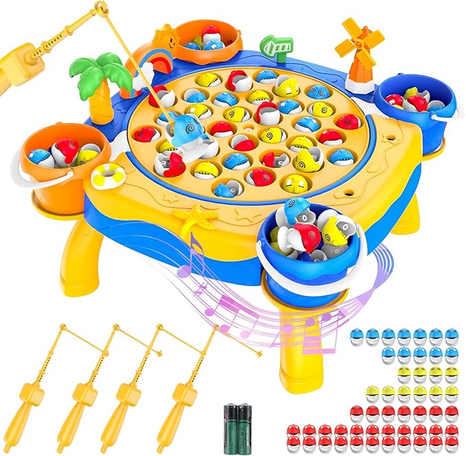 Awsoo Fishing Game Toys for 3 4 5 Year Old Boy, Toddler Toys Age 3-4, 45 Fishes and 4 Fishing Poles Rotating Board Game with Music, Birthday Gift for Toddler Boy Toys