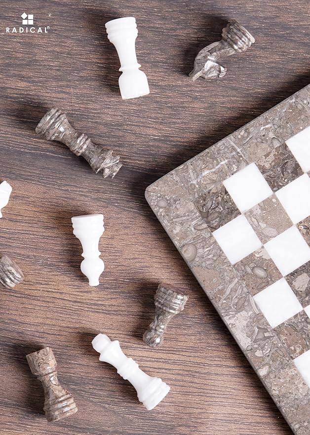 Radicaln Marble Chess Set 12 Inches Grey Oceanic and White Handmade Chess Sets for Adults - Travel Board Game for 2 Player Games - 1 Chess Board & 32 Chess Pieces - Chess Game