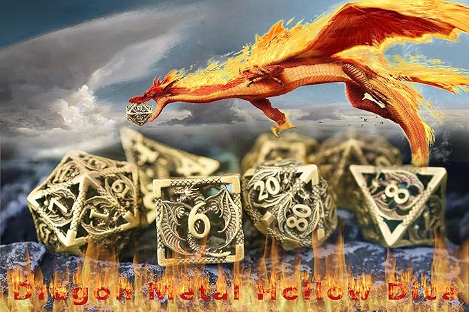 Metal DND Dice Set Dungeons and Dragon Dice Set Hollow Dragon Polyhedral Magic 7 PCS Dice Set with Gift Metal Box for Dungeons and Dragons Table Games Play Cards MTG(Dragon_Ancient Bronze)