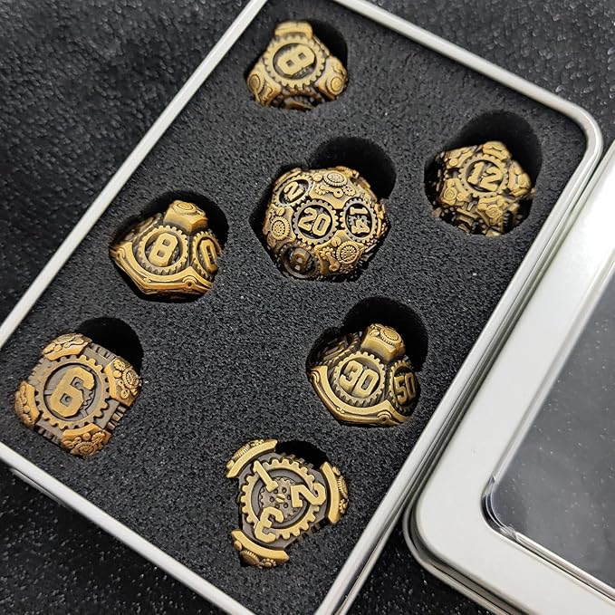 Geakeeper Construct D&D Dice, Metal DND Dice Set, 7Pcs Polyhedral Dragon Metallic D&D Dice with Gift Case for Dungeons and Dragon Game, RPG Role Playing Table Game Gifts (Ancient Gold)