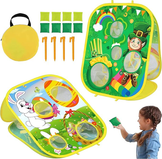 2 in 1 St Patricks Day Easter Bean Bag Toss Games for Kids, St Patricks Day Leprechaun Bunny Tossing Games Easter Gifts Party Favors for Kids Ages 4 8 Outdoor Yard Toys