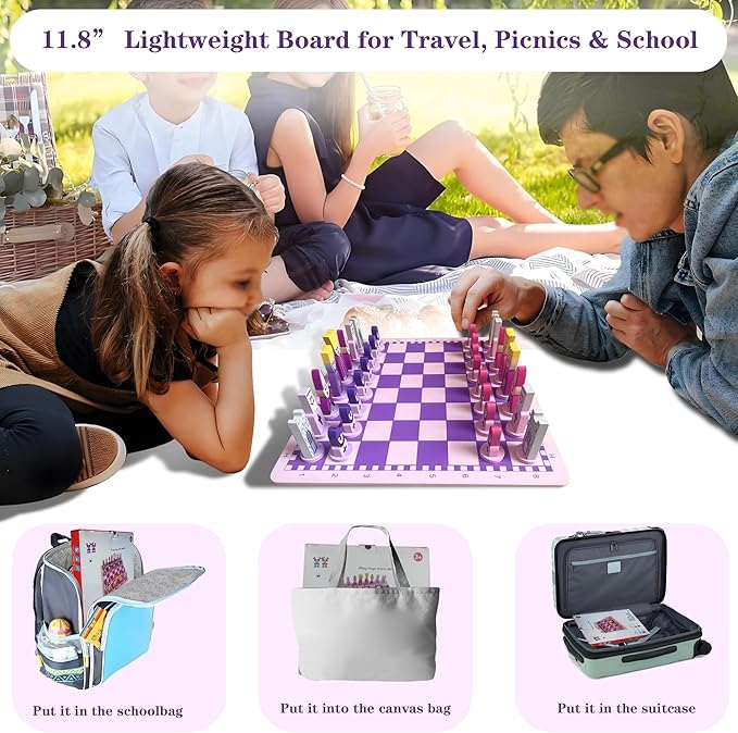 Cartoon Chess Set for Kids: 11.8" Unique Chess Board for Kids & Beginners - Pink Wooden Board Games Educational Toy for Adults Toddlers Family School Fun