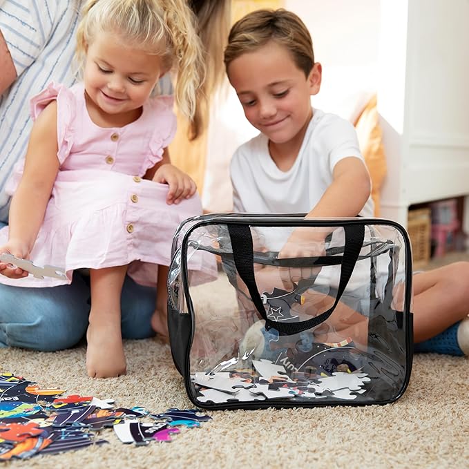 4 Pack Extra Large Toy Storage Clear Bags with Zipper 12"x10"x7" Clear Plastic Bins with Handle, Toy Organizer for Kids playroom, Blocks, Clothes, Stuffed Animal Storage