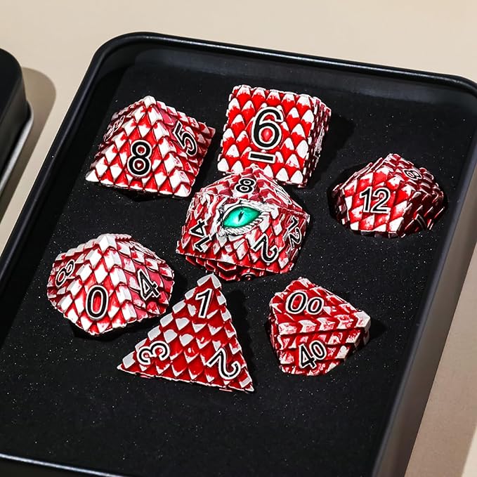 Dragon Eye Metal Dice Set - 7 Pcs Dragon Scale Metallic D&D Dice, Gift Box (Red Dragon Scale & Green Eye)