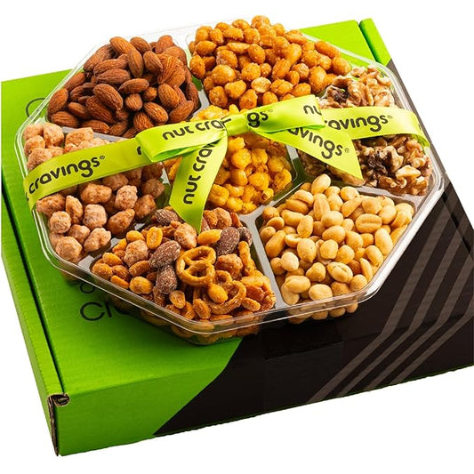 NUT CRAVINGS - Mixed Nuts Gift Basket + Green Ribbon Classic (7 Assortments, 1 LB) Food Arrangement, Healthy Snack Care Package, Kosher