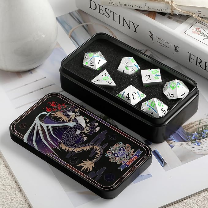 Glow in The Dark Metal Dice, DNDND 7 PCS Green Metallic D&D Dice Set with Gorgeous Gift Case for Dungeons and Dragon Tabletop Game (Glow in The Dark Green)