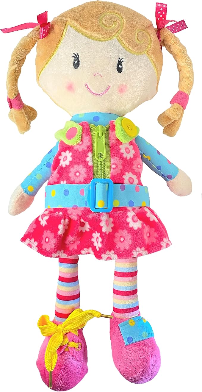 Sugar Snap Plush Doll for Toddlers Learn to Dress Montessori Toy - Dress Me Doll - Zipper, Snaps, Buttons, Buckle, Shoe Tying Practice - Educational Toy for 2 3 Year Old Girl - Montessori Doll - 15"