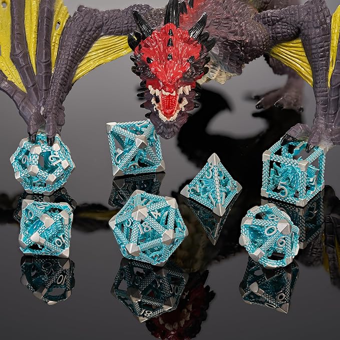 D&D Hollow Metal Blue White Dragons Polyhedral Dice Set,Dungeons and Dragons Gifts Dice for RPG and Tabletop Games(Blue White Dragon)