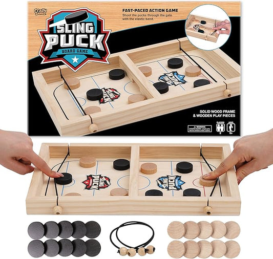 Fast Sling Puck Table Board Game I Wooden Family Indoor Two Player, Table Games for Family - Top Hockey for Adults & Kids, Competitive Parties for Fun