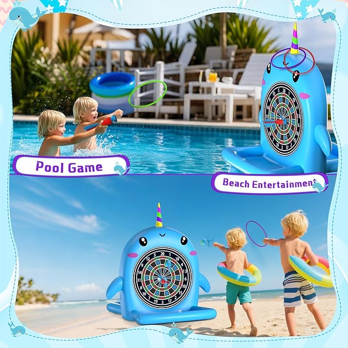Swimming Pool Toys, 2-in-1 Inflatable Floating Dart Board Water Game, Darts Hoop Rings Outdoor Pool Games, Beach Yard Indoor Playset, Summer Family Party Birthday Gift for Kids Teen and Adults