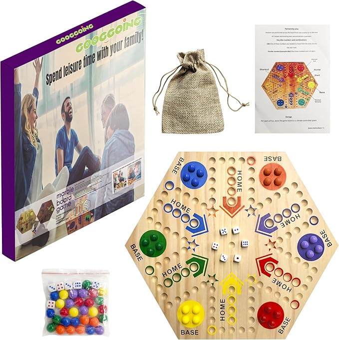 Wooden Board Game, Board Game Original Marble Game Double Sided Painted 2 to 6 Player Fast Track Board Game Wooden with 6 Colors 24 Marbles 6 Dice for Adults Kids Family(20 INCH)