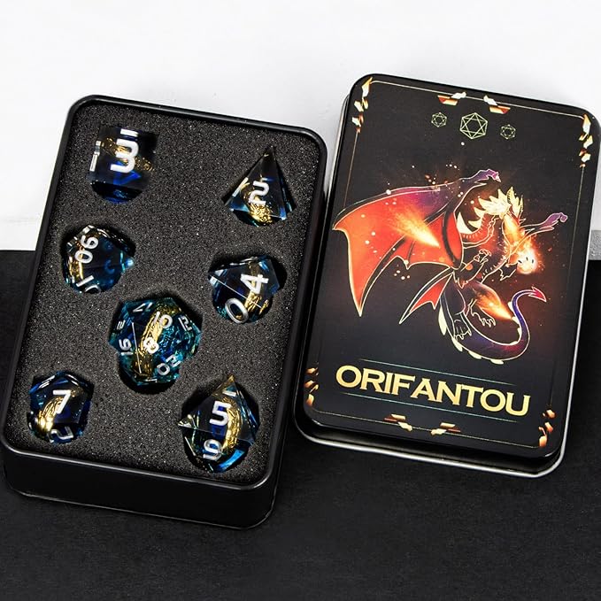Magic Golden Ring DND Dice Set with Dice Box, Blue Resin Sharp Edge D and D Dice for use with D&D Tabletop Games Handmade Lord Polyhedral Dice Set D20 D12 D10 D8 D6 D4