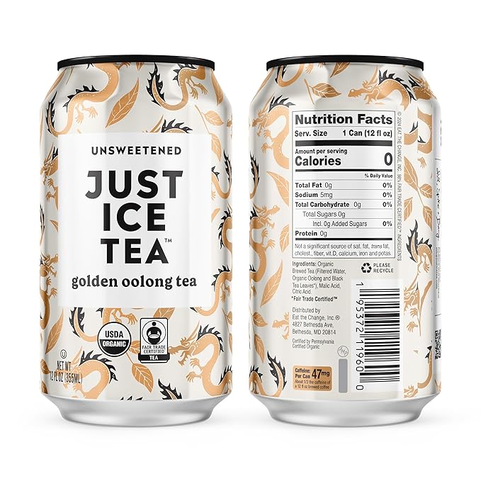 Just Ice Tea, Golden Oolong Iced Tea, 12-Pack (12oz Cans), Green Tea, USDA Certified Organic, Real Brewed, No Calories, Unsweetened, Fair Trade, Made in USA.