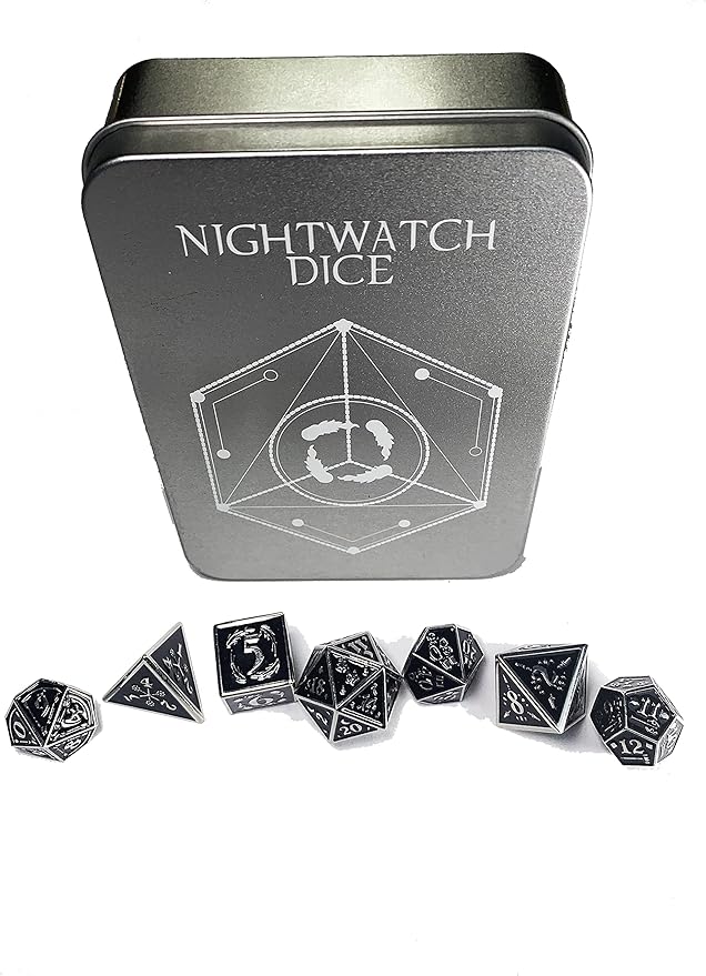 Metal Dice Set Collection for DND and All TRPG Games (Nightwatch, Silver 7 Set)