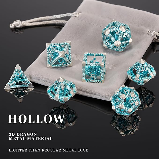 D&D Hollow Metal Blue White Dragons Polyhedral Dice Set,Dungeons and Dragons Gifts Dice for RPG and Tabletop Games(Blue White Dragon)