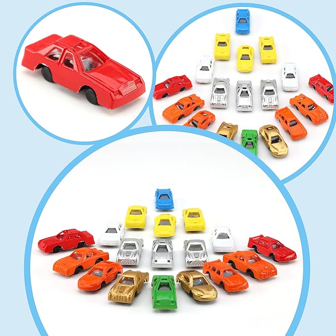 Entervending Racing Car Toys in Capsules - 50 Pcs - 1.1 Inch Plastic Capsules with Mini Racing Cars Toys for Kids inside - Bulk Easter Basket Stuffers Classroom Prizes