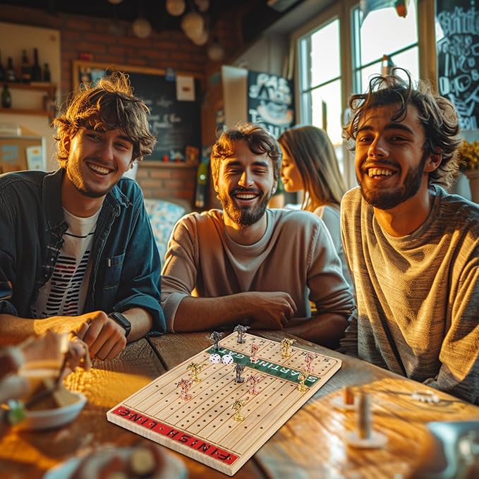 Horse Race Board Game Finish Line Racing Game with 11 Luxurious Metal Horses with 4 Dice and 2 Boxes of Cards Solid Wood Horse Racing Game Board Color Box Packaging (Small, Log Color)