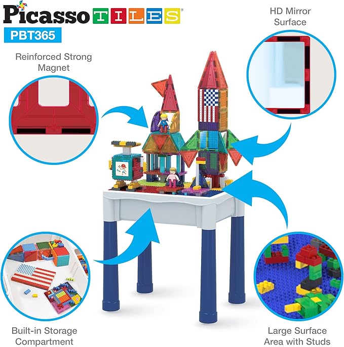 PicassoTiles 316 PCs Activity Table with Magnetic Tiles and Building Brick Blocks, Playset Table with Magnetic Action Figures & Storage Included, Can be Use as Water & Sand Tables STEM Toys Ages 3+