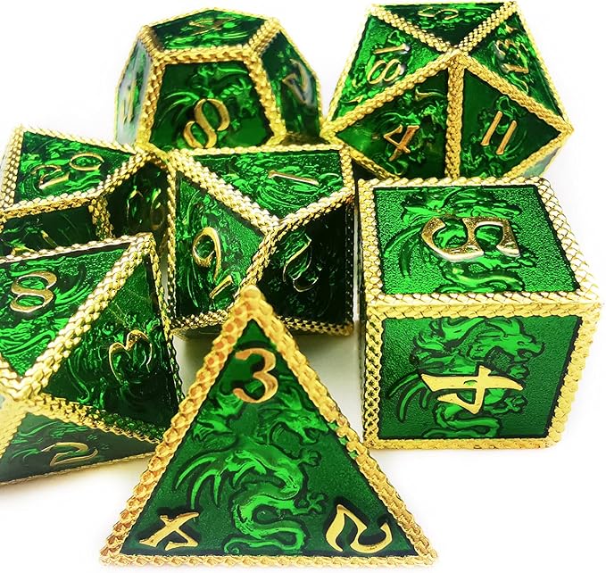 HAOMEJA Dungeons and Dragons Dice Set - D&D Metal 6 Sided Polyhedral Dice for Pathfinder MTG Board Games - D20, D12, D10, D8, D6, D4 Golden Green