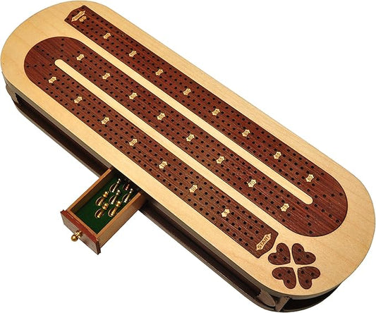 PALM ROYAL HANDICRAFTS 4 Track Wooden Cribbage Board Set Inlaid in Rose Wood and Maple Wood with pegs and Cards. Storage Available. 4 Player Cribbage Board (15 x 5 Inches)