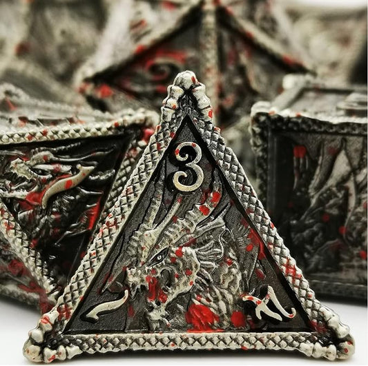 HAOMEJA Metal Dragon Dice Set DND 7 Set Dice Role Playing Dice D&D Dungeons and Dragons (Blood Silver)