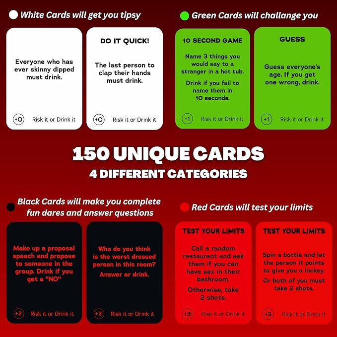 Fun Drinking Game for Parties: 150 Hilarious Dares & Risky Questions for Adults Games Nights - Adult Cards for Party Pregames, College or Bachelorette