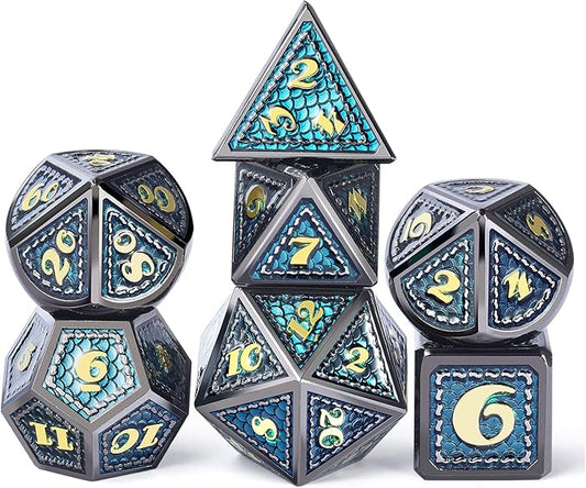 DNDND Metal Dice, 7 PCS Dragon Scale Metallic DND Die with Gift Metal Case for Dungeons & Dragons D&D (Teal with Black Edge)