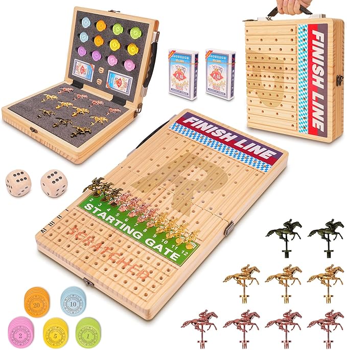 21 Inches Horse Race Board Game, Horse Racing Game with Cards and Dice, 11 Metal Horses, 60 Pcs Poker Chips Set, Solid Wood Across The Board Horse Race Game for Adults Family Friends