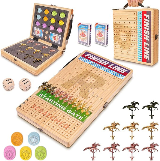 21 Inches Horse Race Board Game, Horse Racing Game with Cards and Dice, 11 Metal Horses, 60 Pcs Poker Chips Set, Solid Wood Across The Board Horse Race Game for Adults Family Friends