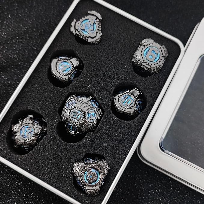 Geakeeper Construct D&D Dice, Metal DND Dice Set, 7Pcs Polyhedral Dragon Metallic D&D Dice with Gift Case for Dungeons and Dragon Game, RPG Role Playing Table Game Gifts (Rolling Blue)