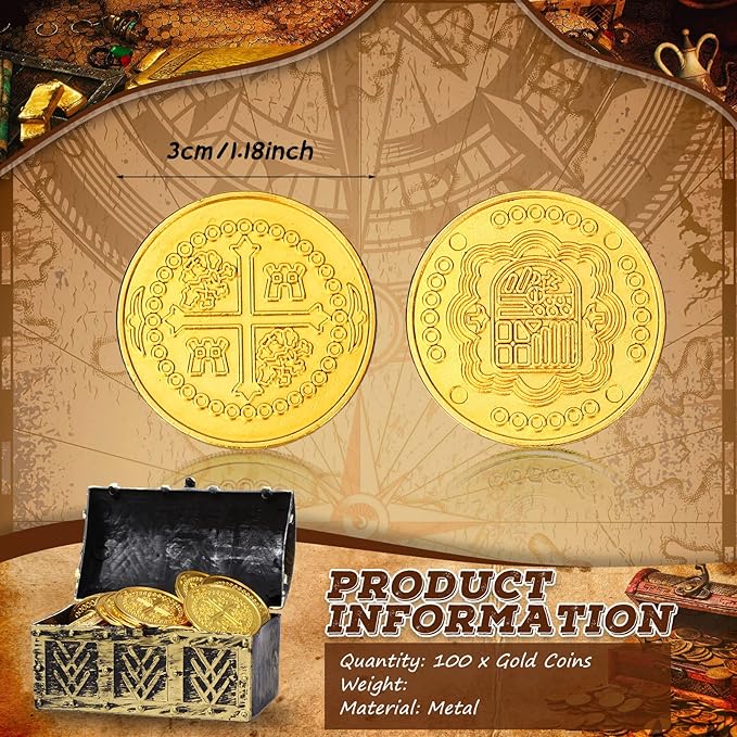 Hanaive 100 Pcs Metal Pirate Coins Bulk Gold Fake Coins Spanish Doubloon Tokens for Kids Board Games Pirate Party Cosplay(Round)