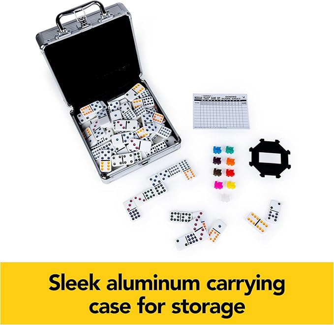 Spin Master Games, Mexican Train Dominoes Set in Aluminum Carry Case, Includes Colorful Trains for Fun-Filled Family Game Night, for Kids & Family, 2-8 Players, for Ages 8 & Up