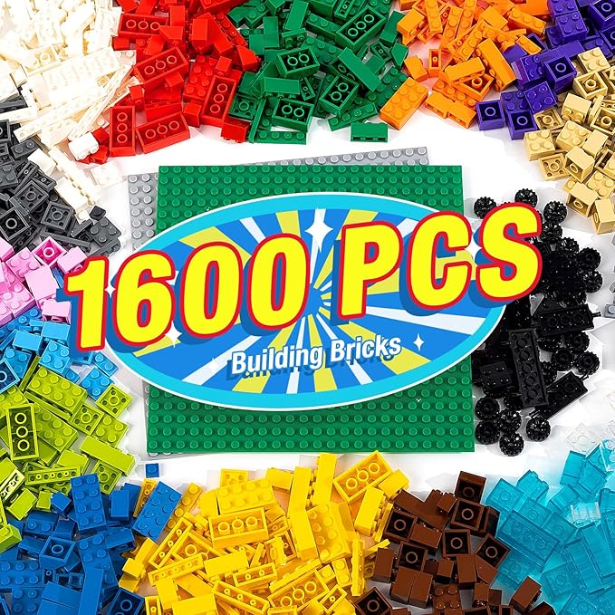 1600 Pieces Building Bricks, Building Bulk Block with 2 Packs 24x24 Studs Sticky Plate and 46PCS Wheel Accessory - 100% Compatible with All Major Bricks, Gfits for Kid - 18 Shape/16 Color