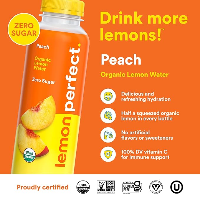 Lemon Perfect Peach, Flavored Lemon Water, Organic, Zero Sugar, Healthy Hydration Drinks, 15.2 fl oz Bottles (12-Pack)