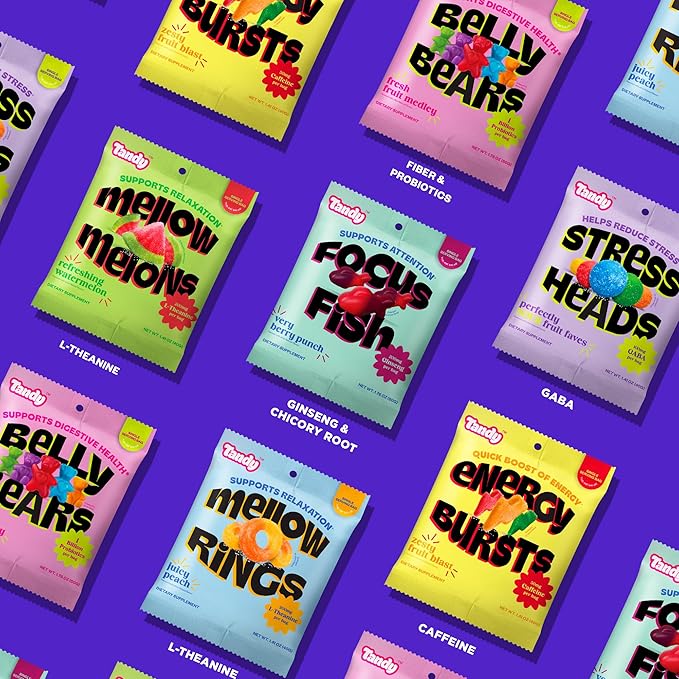 Tandy Stress Heads GABA Amino Acids Gummies I Perfectly Sour Fruit Faves Flavor Gummies Helps Support Stress Relief I Gluten-Free Fast-Acting Dietary Supplement Gummy I 6-Pack