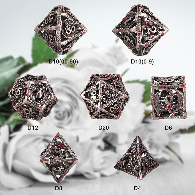 DND Dice Hollow D&D Metal Dice Dungeons and Dragons Dice Set with Gift Box 7 PCs Steampunk Polyhedral Dice Games Set for RPG,MTG,Pathfinder,(Dragon Blood Spattered)