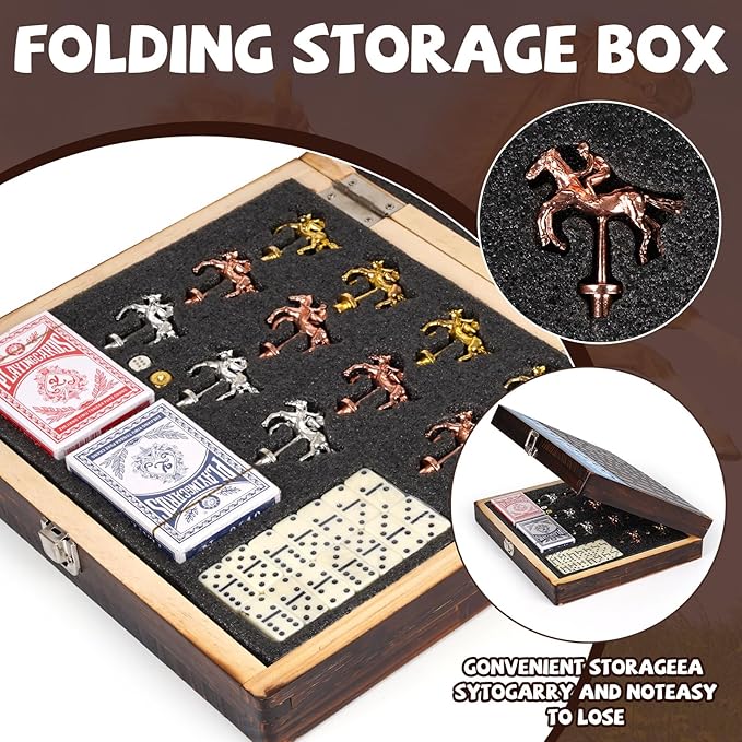 Deluxe Folding Horse Racing Board Game Set with Metal Horses, Foldable Board, Metal Dice, Domino Set, and Card Game – Premium Family Strategy Board Game for Parties, Travel, and Game Night