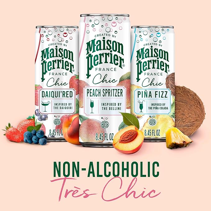 Maison Perrier Chic Peach Spritzer Flavored Sparkling Beverage, Low Calorie, Mocktail, 24-Pack