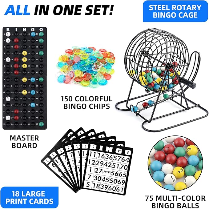 Deluxe Bingo Game Set Includes 18 Mixed Cards, 150 Vibrant Chips, 75 Calling Balls, 8โ Bingo Cage - Premium Bingo Set for Large Groups and Parties