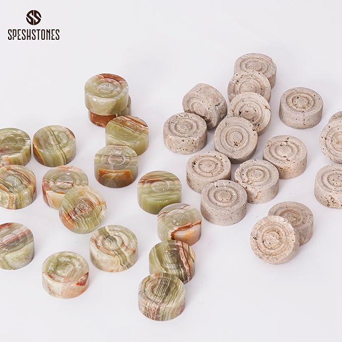 Marble Checkers 1.25 Inch Green and Travertine Stone Pieces for Classic Checker Board Games, Tabletop Strategy Set for Adults & Family, Travel and Outdoor Play