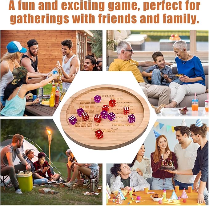 9.8-Inch Wooden Farkle Dice Tray with Printed Rules - Classic Farkle Board Game Set with 12 Pearl Dice, Score Pad & Velvet Pouch for Family Game Nights