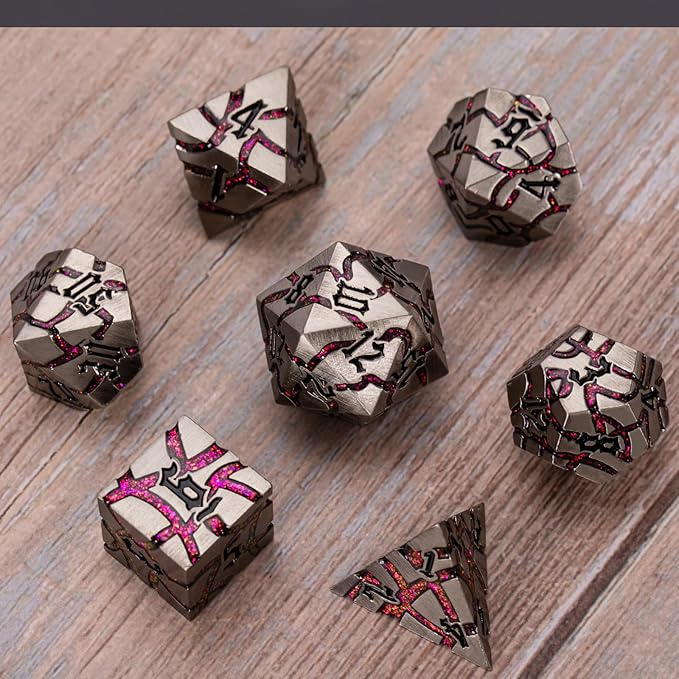 Metal Dice Set D&D,Crack Metallic DND Dice Set with Box, Metal Glitter RPG Dice for Dungeons and Dragons Table Game(Antique Silver Rose red)
