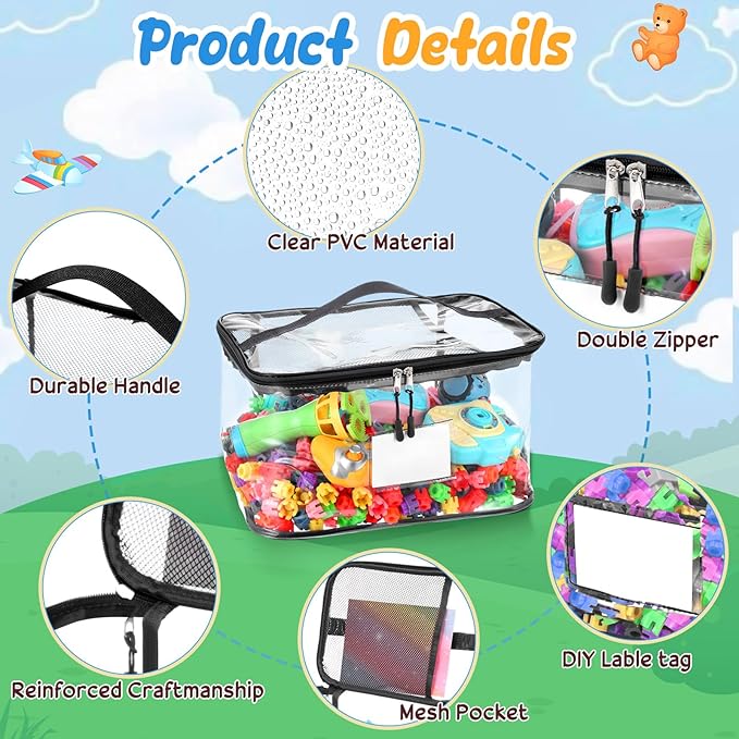 Aliceset 8 Pack 13.5 inch Extra Large Clear Toy Storage Bag with Name Tag Pocket Reusable Clear PVC Board Game Storage Travel Waterproof Bags with Zipper for Building Blocks Puzzle Books