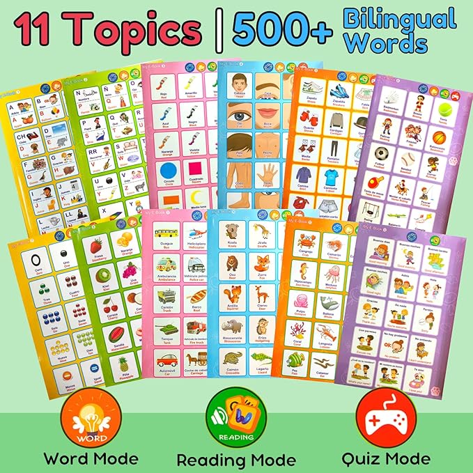 ZEENKIND Spanish & English Talking Learning Book for Kids 2 3 4 5 6 Years Old, Interactive Audio Sound Books, Toddler Educational Toy to Learn Spanish, Electronic Bilingual Toys, Juegos para Niños