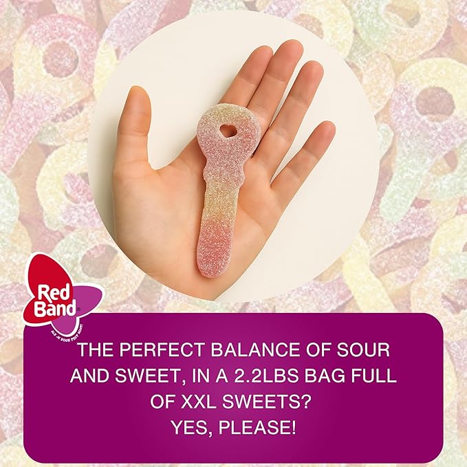 Red Band Candy, Sour Keys - Gummy Candies Jumbo Sour Suckers - Chewy, Fruity Gummies Bulk - Vegan, Natural Flavors, Plant Based Colors, Key Shaped, Dutch Candy & Snacks, Family Sharing Bag - 35.2 oz