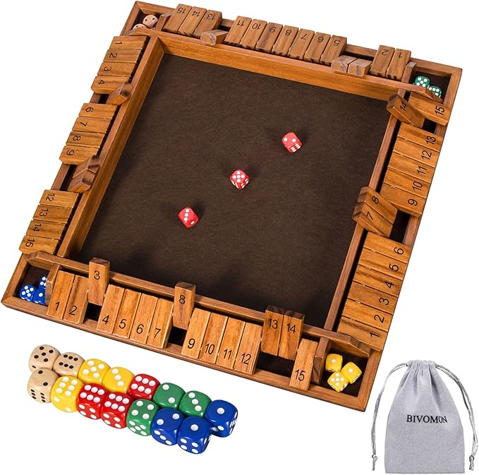 Upgraded 16.54’’ Shut The Box Dice Game with 15 Numbers for 1-4 Players, Large Wooden Board Math Game 16 Dices, Tabletop Games Kids Adults Family Party Birthday