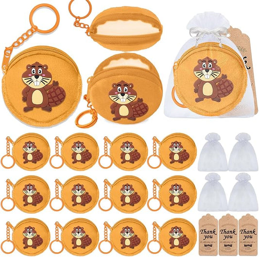 36 Pack Beaver Change Purses Set Include 12 Wallets with Keyring, 12 Thank You Tags and 12 Organza Bags for Safari, Jungle Baby Shower,Wild ONE First Birthday, Castor Decoration,Khaki