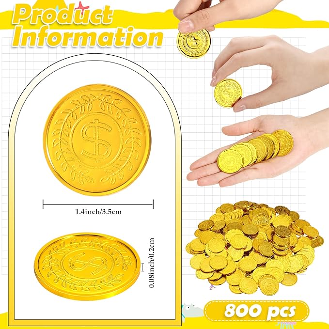 Hanaive 800 Pcs Plastic Pirate Coins Gold Treasure Spanish Doubloon Fake St. Patricks Toy Coin for Kids Board Games Pirate Party Cosplay Teachers Classroom Reward (Gold, Classic)